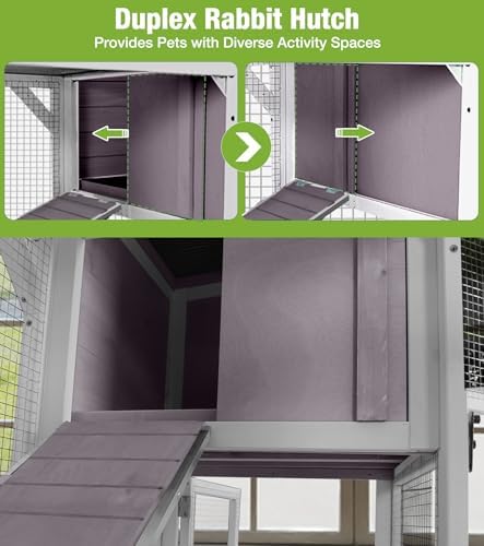 GUTINNEEN Duplex Rabbit Hutch Indoor with Chew-Proof Frame & 2 Leak-Proof Sliding Trays, Rain Cover, Wooden Guinea Pig Cages with Wheels - Grey - Image 6