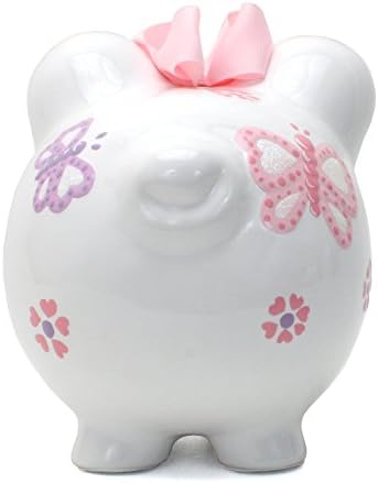 Large porcelain coin bank with hand painted butterflies and pink bow top view