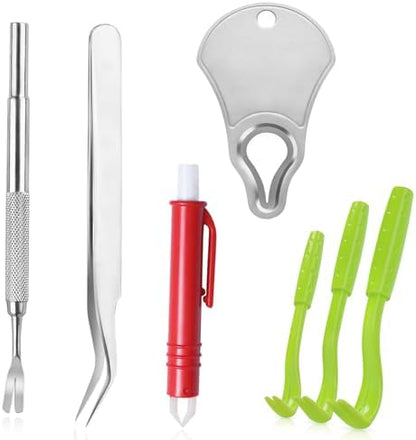 Close up of stainless steel tick tweezers for human and pet use.