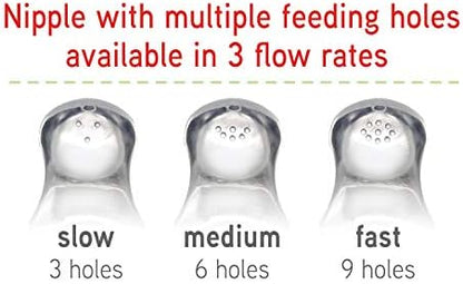 BPA free silicone slow flow nipple highlighting the wide breast like contour shape