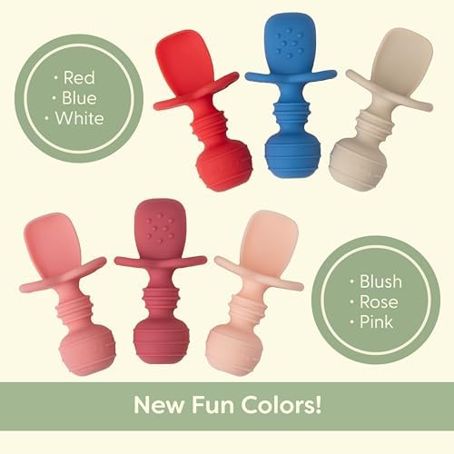 The complete three pack collection of UpwardBaby silicone toddler utensils laid out on a clean surface.