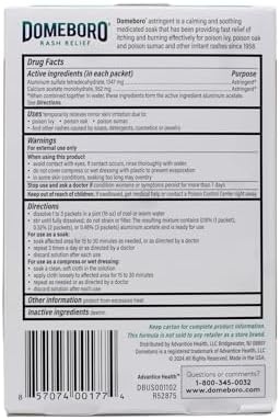 Domeboro medicated powder packets for skin irritation relief showing packaging details
