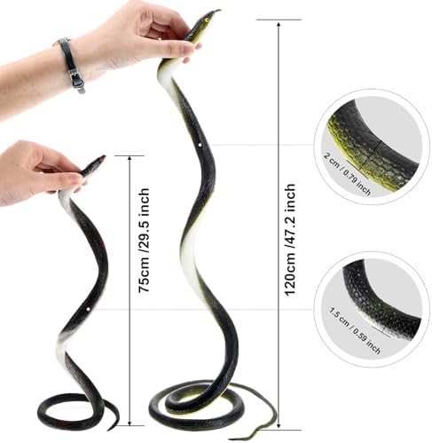 Three pieces of Blulu fake plastic garden snakes displayed together in different classic styles to illustrate size variations