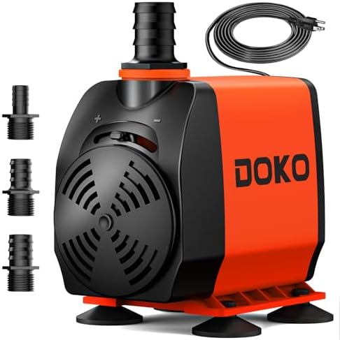 DOKO 60W fountain pump with three interchangeable outlet nozzles and four bottom suction cups displayed.