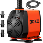 DOKO 60W fountain pump with three interchangeable outlet nozzles and four bottom suction cups displayed.