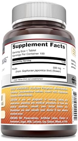 Amazing Nutrition Amazing Formulas Rutin 500 Mg tablets side panel view detailing non-GMO and gluten free certifications