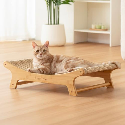 FurrCrest elevated cat lounge chair showcasing the low center of gravity anti slip base design on a hardwood floor.