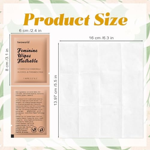 Individually wrapped flushable travel wipes for women displayed out of the box.