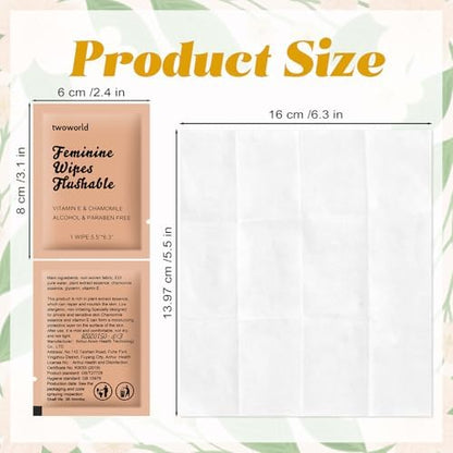 Individually wrapped flushable travel wipes for women displayed out of the box.