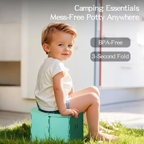 Folded green travel potty seat in storage pouch