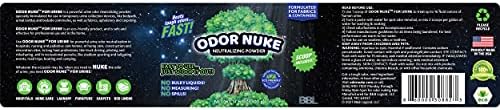 Odor Nuke human urine odor neutralizer powder packaging showing the included measuring scoop for bedside commodes