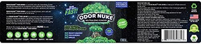 Odor Nuke human urine odor neutralizer powder packaging showing the included measuring scoop for bedside commodes