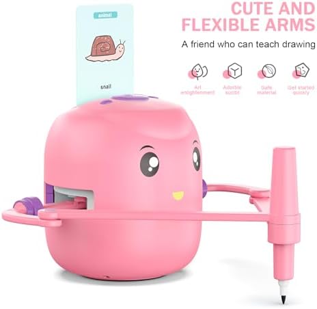 Pink intelligent robot companion teaching children hand eye coordination and writing skills.