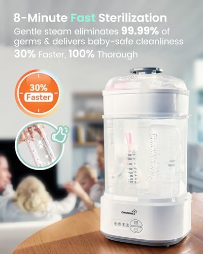 Grownsy baby bottle sanitizer showing steam sterilization process