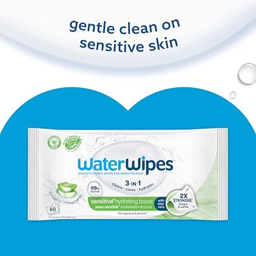 Back label of WaterWipes sensitive plus 60 count showing usage instructions and national eczema association seal