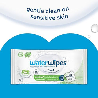Back label of WaterWipes sensitive plus 60 count showing usage instructions and national eczema association seal