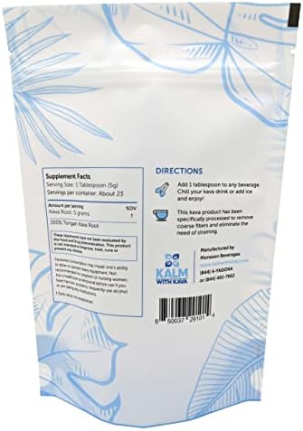 Kalm With Kava Tongan instant micronized powder packaging detailing ingredients and usage instructions