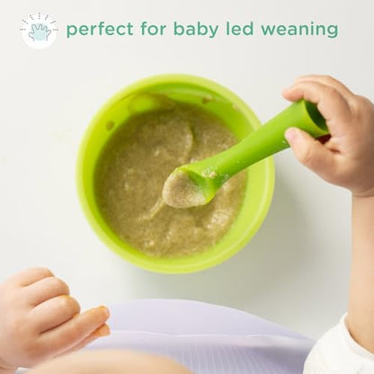 Infant holding the ergonomic sprout stem of the Olababy silicone feeding utensil