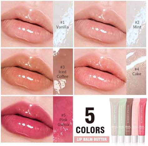 Five tubes of MoJinYuPm summer lip butter balm showing different colors