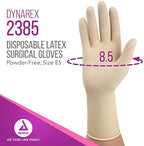 Close up of Dynarex powder free surgical gloves highlighting the textured palm for grip.