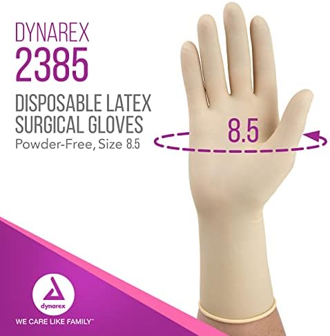 Close up of Dynarex powder free surgical gloves highlighting the textured palm for grip.