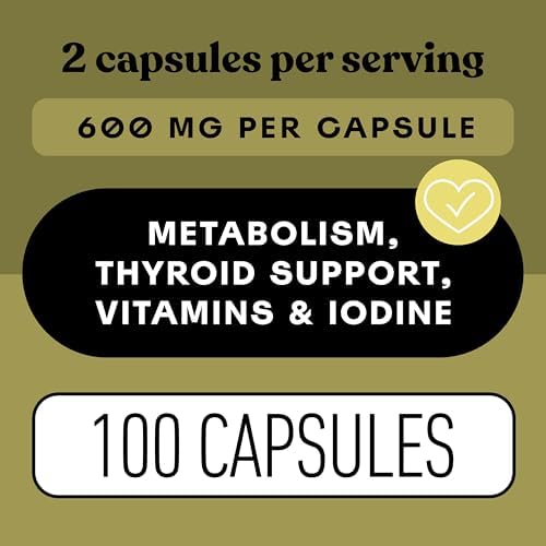 Organic Icelandic sea kelp capsules nutritional profile and metabolism support directions.