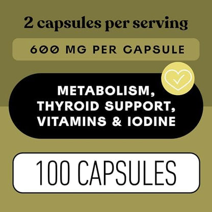 Organic Icelandic sea kelp capsules nutritional profile and metabolism support directions.