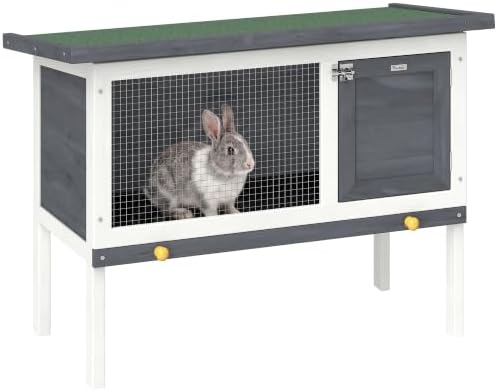 PawHut Outdoor Rabbit Hutch, Wooden Bunny Cage with Openable Roof and Pull-Out Tray, Elevated Guinea Pig Cage for Rabbits, Chinchillas and Small Animals, Indoor Outdoor Use, Gray - Image 2
