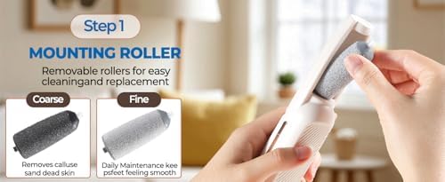 Close up view of the textured quartz roller head on the rechargeable foot care device.