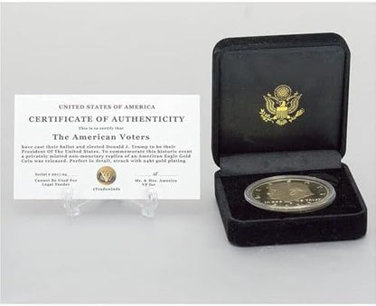 Twenty-four karat gold plated American Eagle Liberty tribute coin on desktop stand