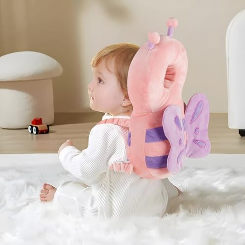 Toddler wearing PandaEar head protector and knee pads for crawling