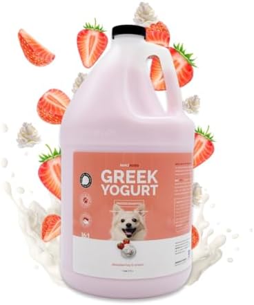 Bark2Basics Greek Yogurt dog shampoo bottle side profile showing dilution instructions
