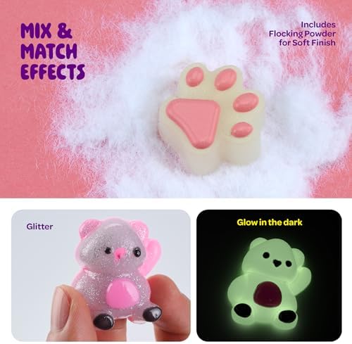 A child carefully pouring mixed colorful liquid goop into the character molds.