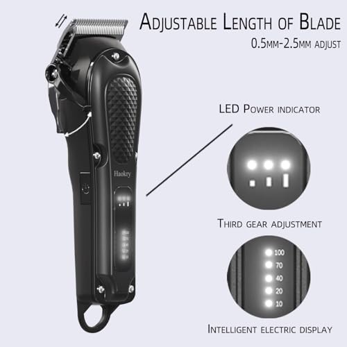 Haokry rechargeable beard trimmer side profile focusing on the three gear adjustable power button switch.