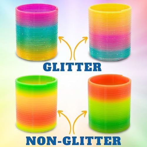 Liberty Imports neon glitter magic spring toy walking down a set of wooden household steps.