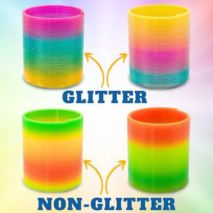 Liberty Imports neon glitter magic spring toy walking down a set of wooden household steps.