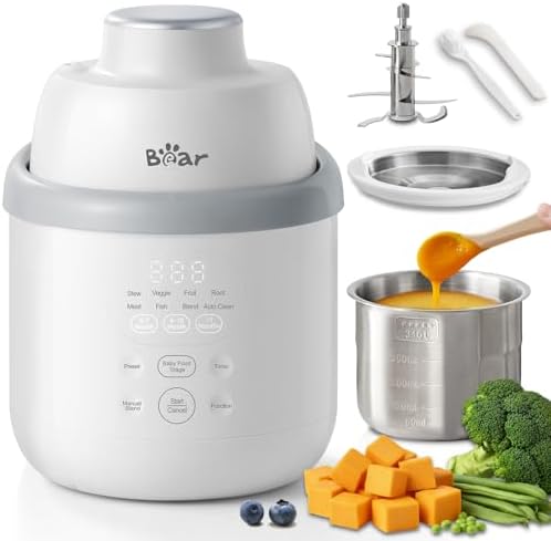 Close up view of Bear baby food processor showing premium stainless steel inner bowl and three dimensional floating blade assembly