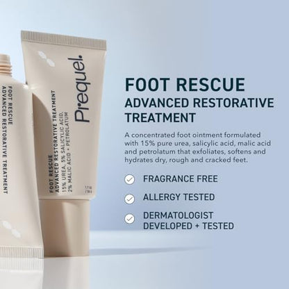 Prequel Foot Rescue ointment packaging showcasing fifteen percent pure urea ingredient label