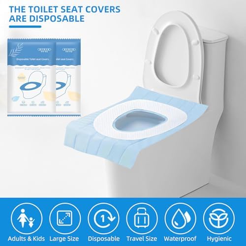 Individually wrapped travel toilet seat shields next to a travel handbag