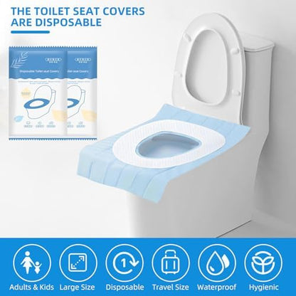 Individually wrapped travel toilet seat shields next to a travel handbag
