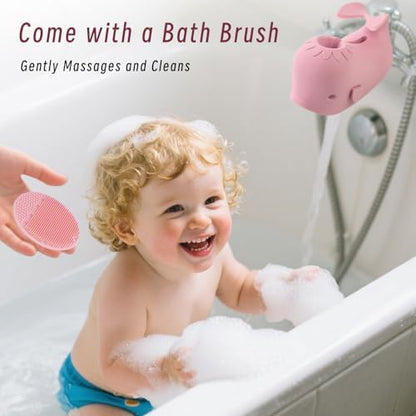 Silicone bathtub faucet protector for kids being adjusted on a bathroom tap