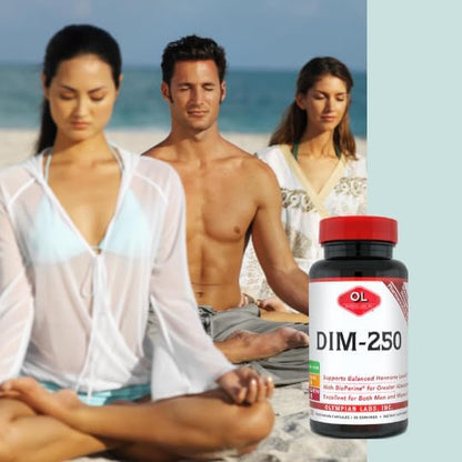 Olympian Labs DIM hormone balance supplement with BioPerine capsule size overview.