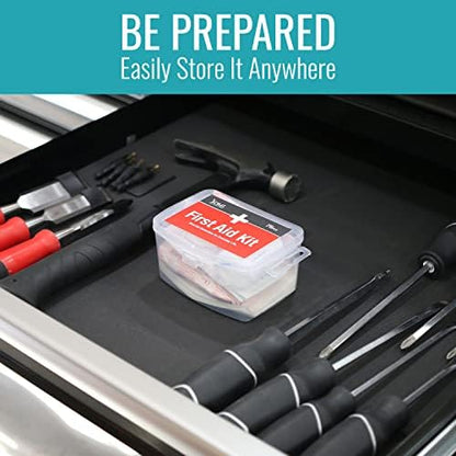 DMI first aid kit placed inside a car glove compartment for emergency readiness.
