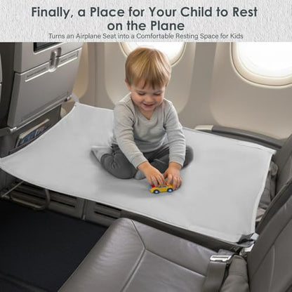 Lex Tavis airplane seat extender for kids showing the adjustable lock straps attached to a tray table.