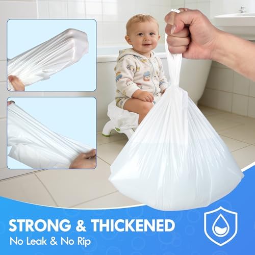 Disposable potty bag being placed into a portable travel potty