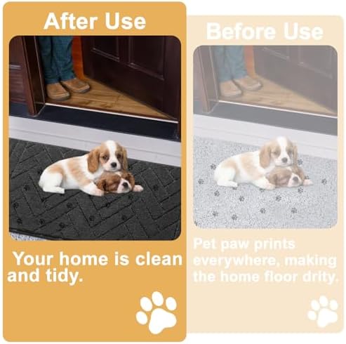 Low-profile pet entryway mat clearing the bottom of an opening front door.