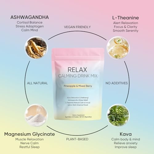 KXVUDE adaptogenic stress relief drink mix individual stick packets spread out on a clean background.
