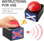 Close-up of the bright red LED light glowing on the quiz buzzer button top
