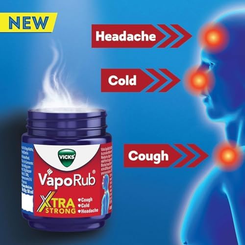 Close up of Vicks Xtra Strong 25ml balm for steam inhalation and chest rub usage.