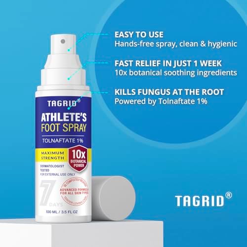 TAGRID hands free aerosol antifungal spray bottle for skin irritation.